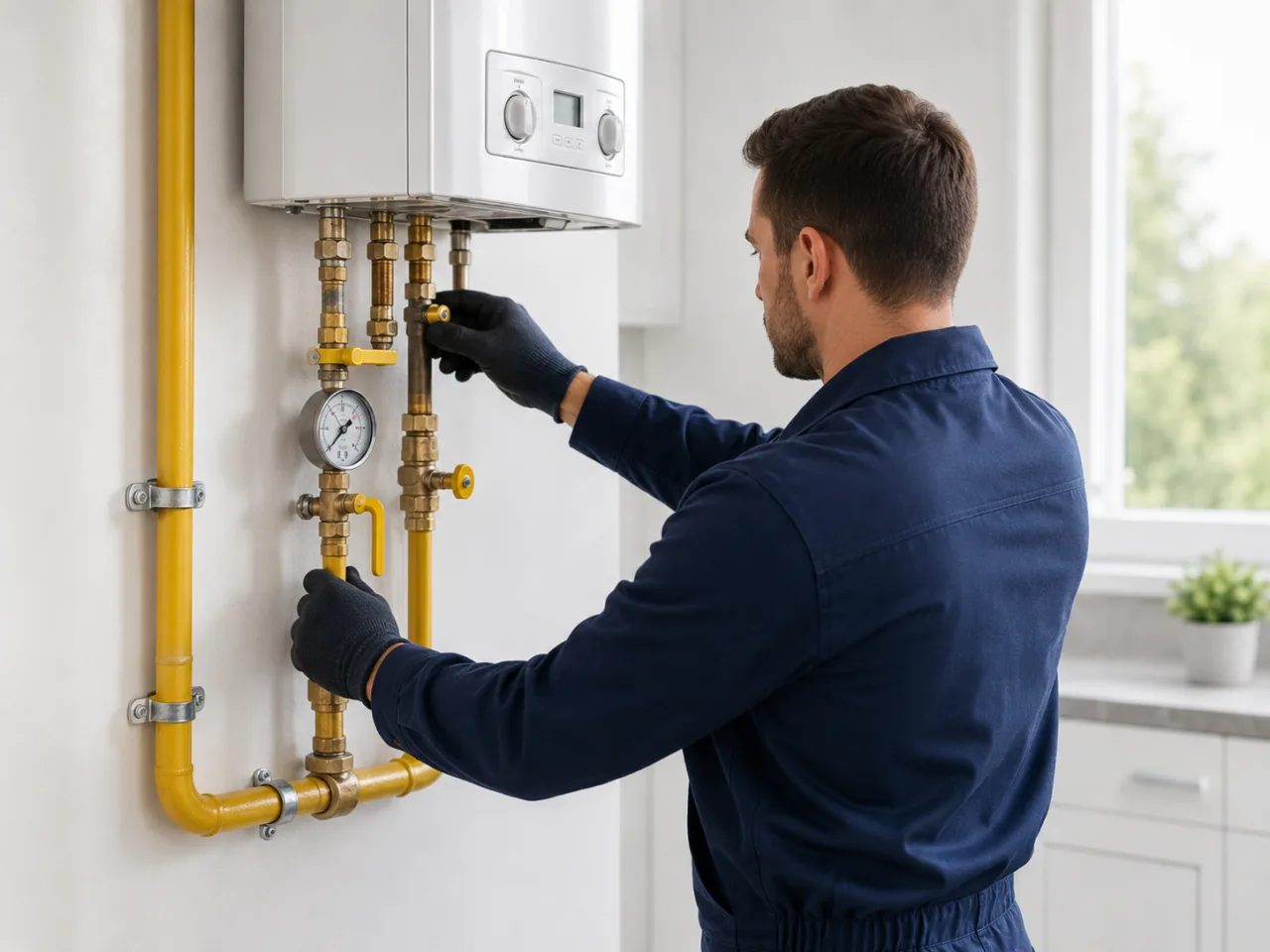 Technicien RR Énergies raccordant une chaudière gaz murale avec tuyauterie jaune et manomètre